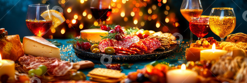 Скачать Праздничная разделочная доска с разнообразными сырами и мясом на деревенском столе, фон фотосток Ozero