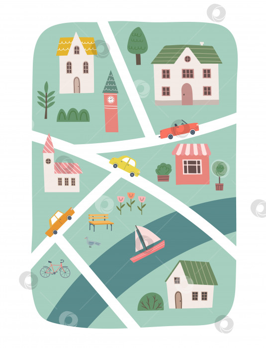 Скачать Симпатичная карта города для детского дизайна. Нарисованная от руки векторная иллюстрация фотосток Ozero