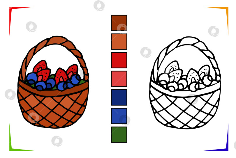 Скачать Раскраска "Корзина с фруктами". Векторный учебный лист, раскрашенный по образцу. Игра в раскраски. фотосток Ozero