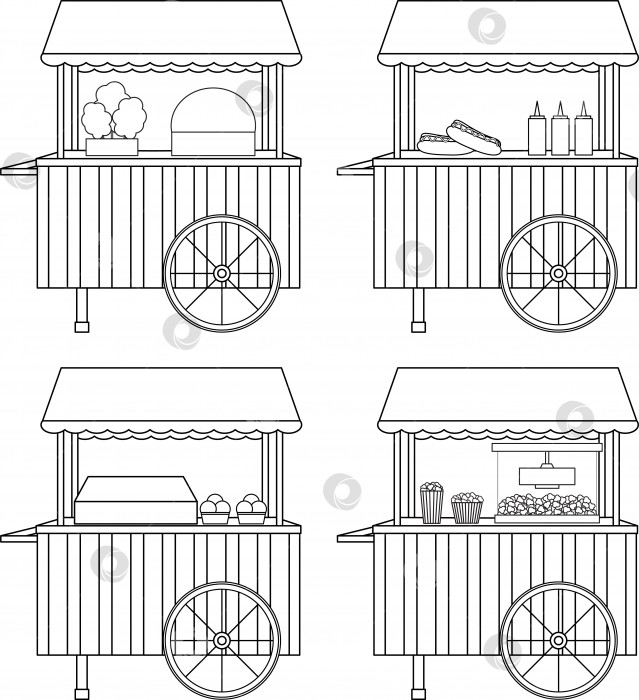 Скачать яркие векторные иллюстрации, тележки с уличной едой, киоски с фастфудом и сладостями, каракули и наброски, книжка-раскраска фотосток Ozero