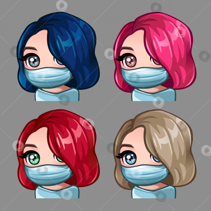 Скачать Иконки эмоций женщины с короткими волосами в медицинской маске для социальных сетей и стикеров фотосток Ozero