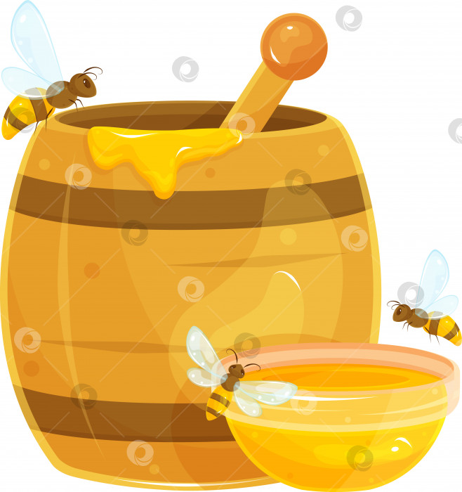 Скачать векторная иллюстрация бочки с медом, пчелы, сидящие на деревянной бочке с медом, блюдце с медом, летающие вокруг фотосток Ozero