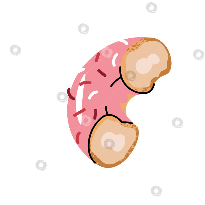 Скачать Сладкий пончик с надкушенным кусочком, кольцо для пончиков с клубничной глазурью и конфетной посыпкой. Плоская мультяшная иллюстрация, выделенная на белом фоне фотосток Ozero