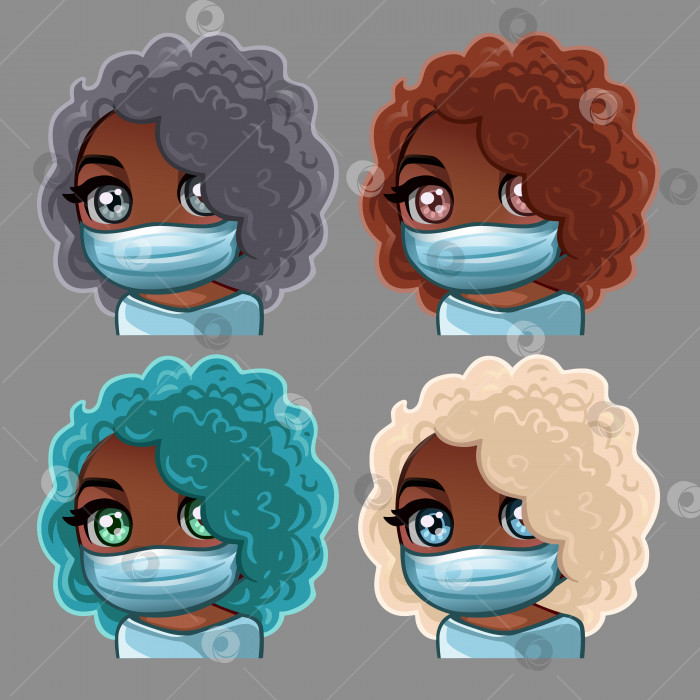 Скачать Иконки эмоций афроамериканских кудрявых женщин в медицинской маске для социальных сетей и стикеров фотосток Ozero