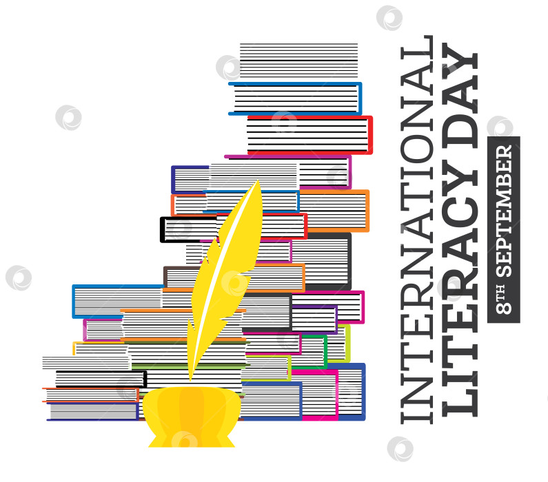 Скачать Плакат Международного дня грамотности с кучей книг и гусиным пером. Концепция образования. фотосток Ozero