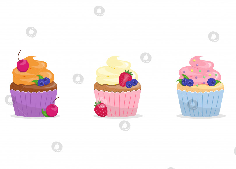 Скачать Симпатичные разноцветные кремовые кексы разного вкуса и цвета. Набор клипов для украшения плоского векторного десерта. фотосток Ozero