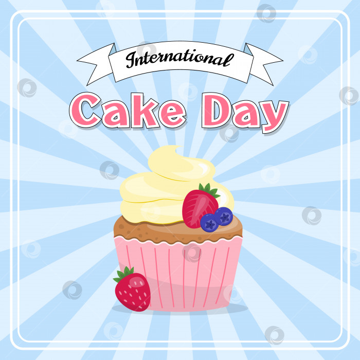 Скачать Поздравительная открытка к международному дню торта, вкусный кекс с клубникой, вишней и черникой на векторном фоне фотосток Ozero