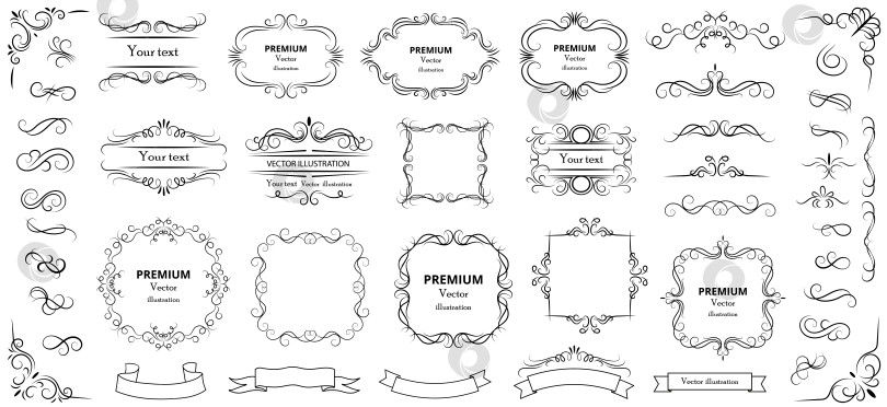 Скачать Набор элементов винтажного типографского дизайна. Этикетки и значки, ретро-ленты, роскошные витиеватые логотипы, каллиграфические завитки, росчерки. Рамка для векторного набора. фотосток Ozero