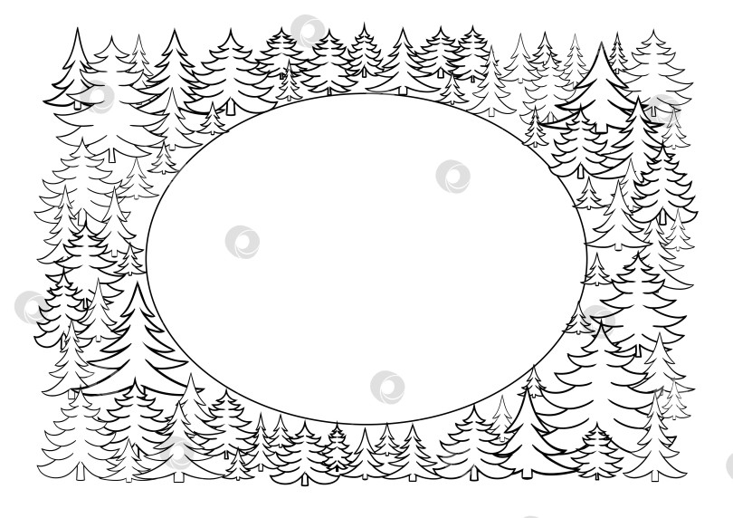 Скачать Графическая линия соснового леса в овальной рамке. Векторная иллюстрация, изолированная на белом прозрачном фоне фотосток Ozero