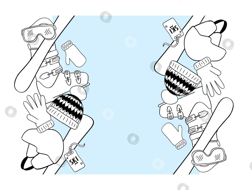 Скачать Бесшовная зимняя кайма с изображением лыжного снаряжения: лыж, ботинок, солнцезащитных очков, шляпы, перчаток, варежек в стиле графической линии. Шаблон векторной вертикальной графической линии на прозрачном фоне. фотосток Ozero