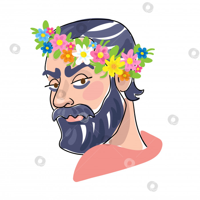 Скачать Портрет молодого бородатого мужчины с черными волосами в цветочном венке. фотосток Ozero