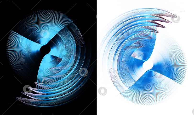 Скачать Синие дуги и волнистые многослойные полосатые лопасти вращаются на белом и черном фоне. Набор. Иконка, логотип, символ, вывеска. 3D-иллюстрация. 3D-рендеринг. фотосток Ozero