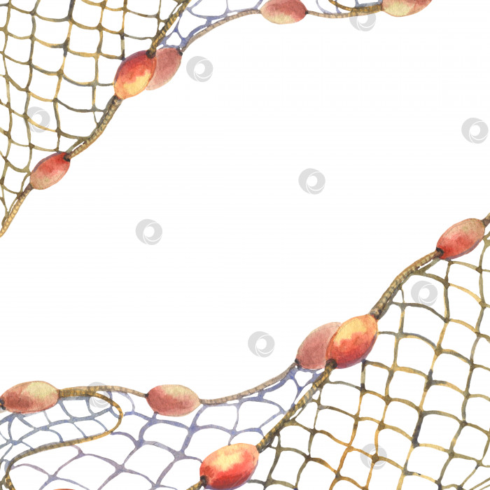 Скачать Нарисованная от руки акварельная иллюстрация, рамка с пустой рыболовной сетью, невод, выделенный на белом фоне. Может использоваться в качестве шаблона листовки для магазинов рыболовных снастей и морепродуктов фотосток Ozero