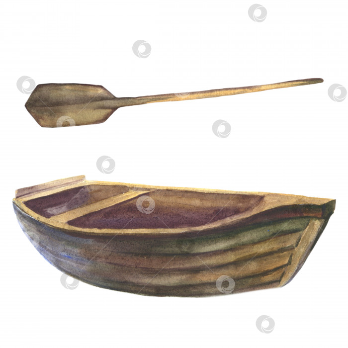Скачать Акварельный набор ретро-иллюстраций с изображением деревянной лодки и весла. Рыбная ловля. Кемпинг. Изолированный на белом фоне. фотосток Ozero