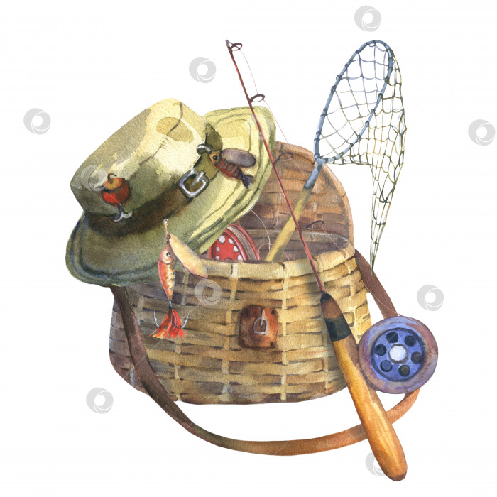Скачать Акварельная композиция с рыболовной сумкой, удочкой, шляпой, сачком и рыболовными снастями, выделенными на белом фоне. Вырежьте элемент клипарта для дизайна, открыток, наклеек, скрапбукинга, плаката фотосток Ozero