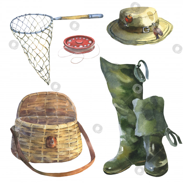 Скачать Коллекция элементов снаряжения для рыбной ловли. Комбинезон, жилет, шляпа, сумка, резиновые сапоги, складной стул, фонарик. Старинная акварельная иллюстрация рыбалки, выделенная на белом фоне фотосток Ozero