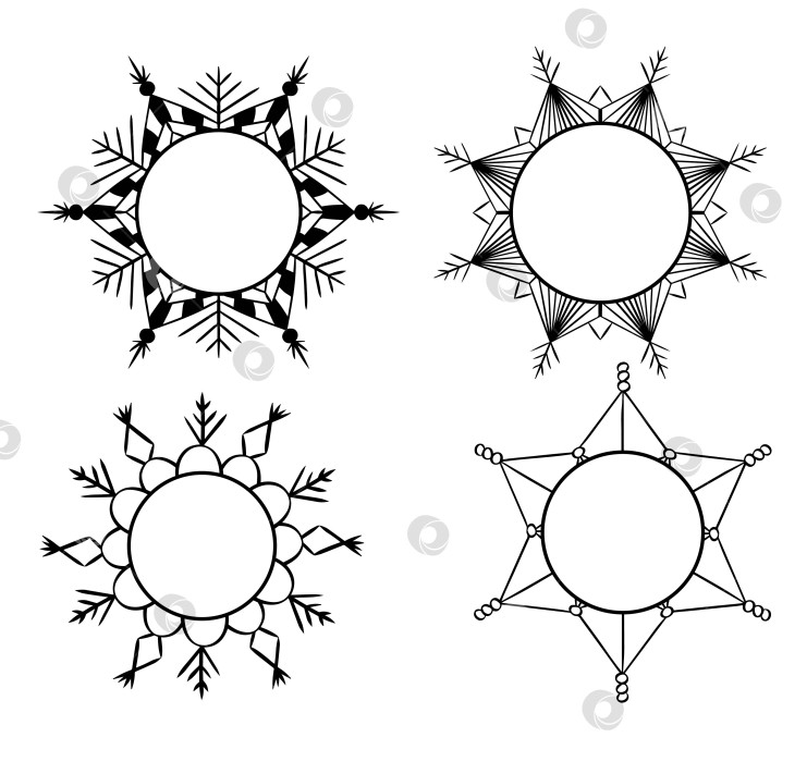 Скачать Набор круглых рамок для снежинок, векторных графических линий, круглых пустых границ, изолированных зимних элементов графического дизайна фотосток Ozero