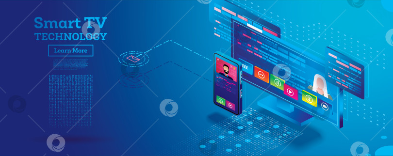 Скачать Изометрическая концепция технологии Smart TV. Дистанционное управление со смартфона. фотосток Ozero
