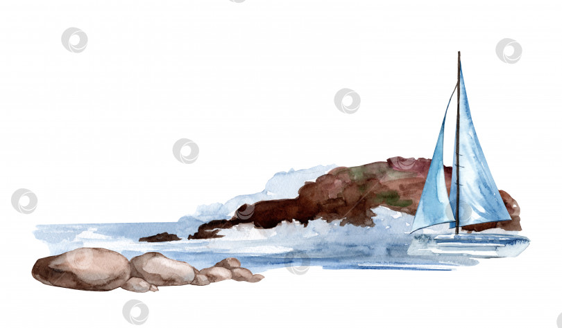 Скачать Берег моря с парусной лодкой. акварельная иллюстрация. Нарисованный вручную пляж с песчаным пляжем и скалами фотосток Ozero