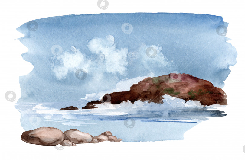 Скачать Морской берег. акварельная иллюстрация. Нарисованный вручную пляж с песчаным пляжем и скалами. фотосток Ozero