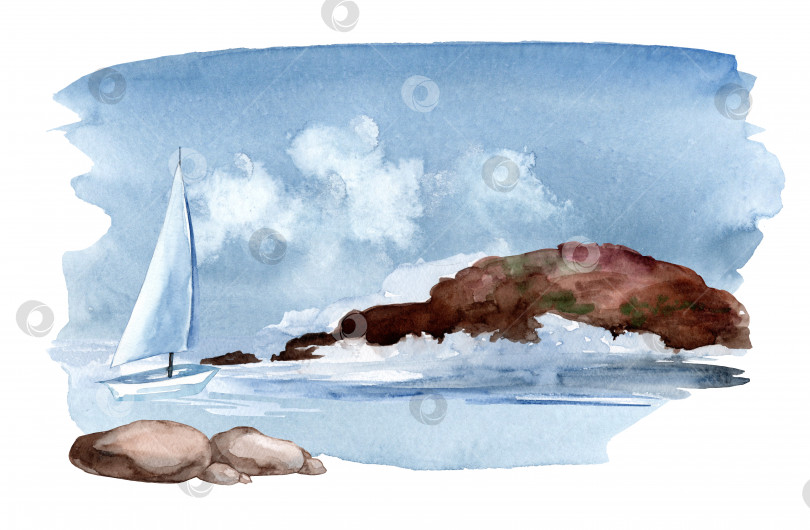 Скачать Морской берег. акварельная иллюстрация. Нарисованный вручную пляж с песчаным пляжем и скалами фотосток Ozero