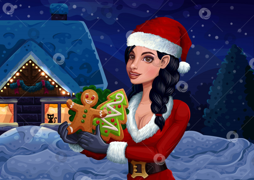 Скачать Рождественская девочка с печеньем на зимнем фоне фотосток Ozero
