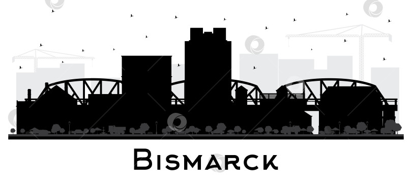 Скачать Силуэт города Бисмарк в Северной Дакоте на горизонте с черными зданиями, выделяющимися на белом фоне. фотосток Ozero