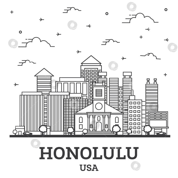 Скачать Очертите горизонт города Гонолулу на Гавайях, США, с современными зданиями, выделенными белым цветом. фотосток Ozero