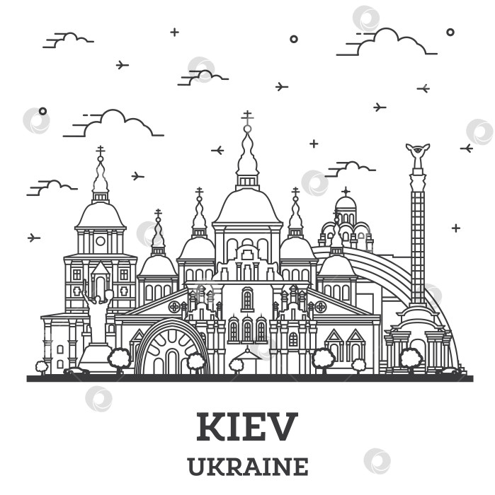 Скачать Обрисуйте городской пейзаж Киева, Украина, с историческими зданиями, выделенными белым цветом. фотосток Ozero