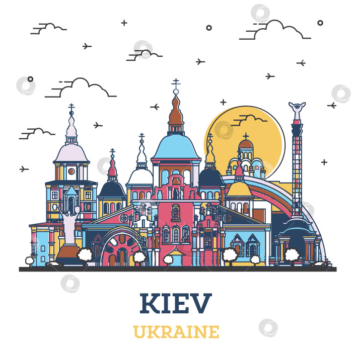 Скачать Обрисуйте городской пейзаж Киева, Украина, с цветными историческими зданиями, выделенными на белом фоне. фотосток Ozero