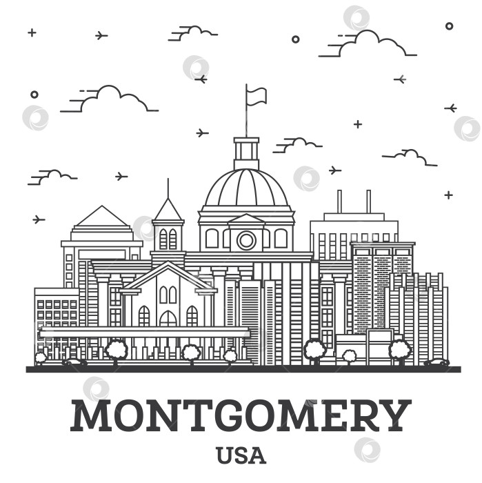 Скачать Очертите горизонт города Монтгомери, штат Алабама, США, с современными зданиями, выделенными белым цветом. фотосток Ozero