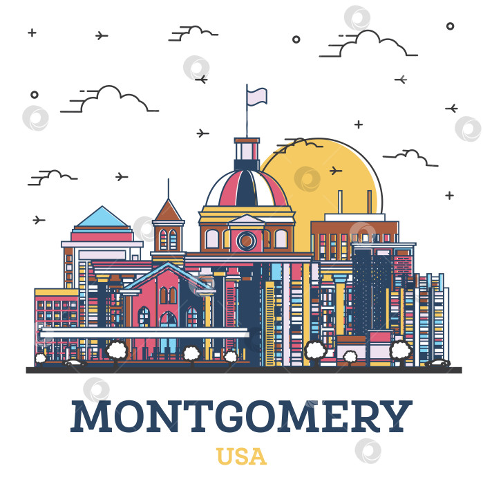 Скачать Очертите горизонт города Монтгомери, штат Алабама, США, с цветными современными зданиями, выделенными на белом фоне. фотосток Ozero
