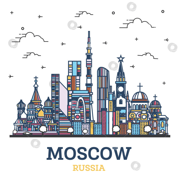 Скачать Обрисуйте городской пейзаж Москвы с цветными историческими зданиями, выделенными на белом фоне. фотосток Ozero