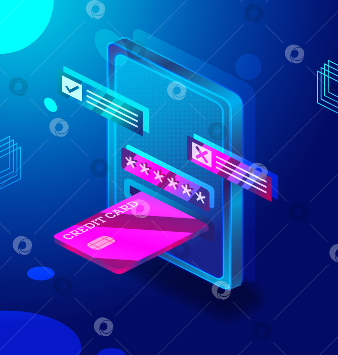 Скачать Безопасные электронные платежи со смартфона. Изометрическая концепция с использованием кредитной карты и планшетного компьютера. фотосток Ozero