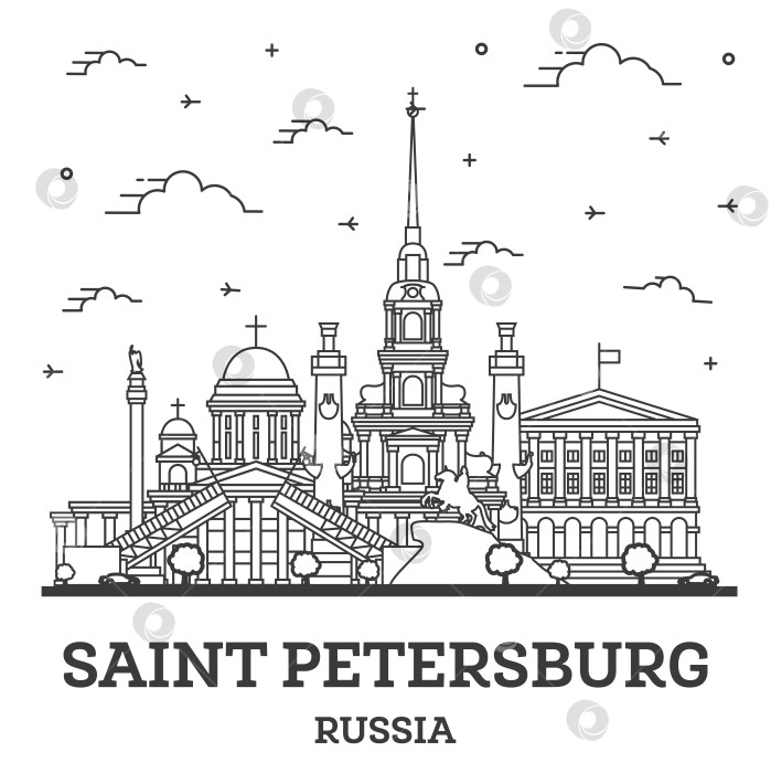 Скачать Обрисуйте городской пейзаж Санкт-Петербурга, Россия, с историческими зданиями, выделенными белым цветом. фотосток Ozero