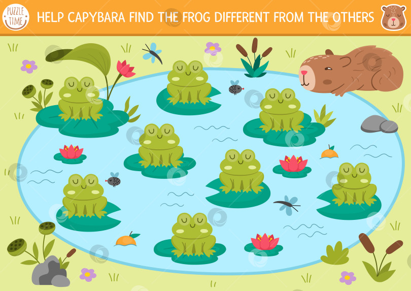 Скачать Найдите разных лягушек в пруду. Задание для детей по подбору лягушек-капибар. Развивающая викторина для детей на развитие внимания. Простая игра для печати с милой капибарой, которая ищет жабу фотосток Ozero