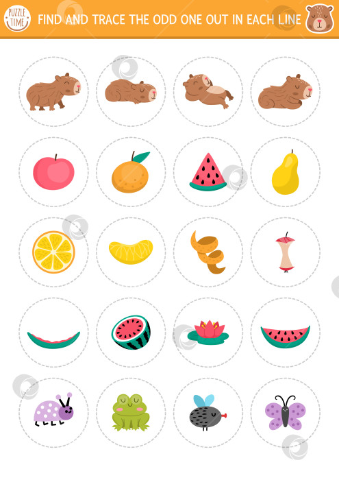 Скачать Найди лишнее. Логическая игра "Капибара" для детей. Рабочая тетрадь-тест "Капибара" для развития внимания. Игра для печати с милыми животными, цветами, фруктами, насекомыми, едой и мандаринами фотосток Ozero