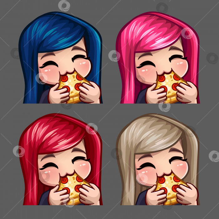 Скачать Иконки эмоций счастливая женщина ест пиццу с длинными волосами для социальных сетей и стикеров фотосток Ozero