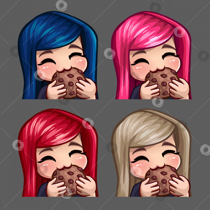 Скачать Иконки эмоций счастливая женщина ест печенье с длинными волосами для социальных сетей и стикеров фотосток Ozero