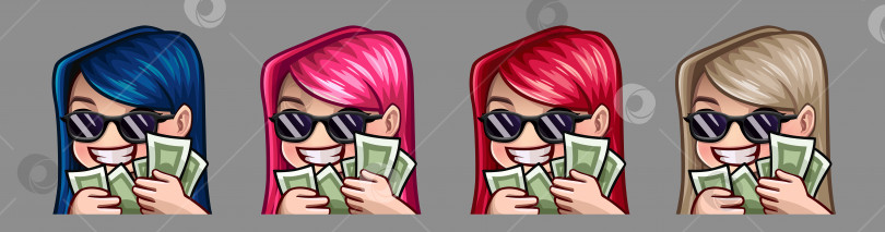 Скачать Иконки эмоций счастливая девушка в солнцезащитных очках и с деньгами для социальных сетей и стикеров фотосток Ozero