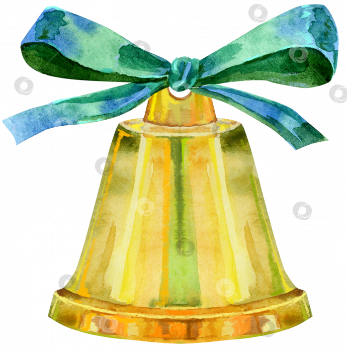 Скачать Золотой акварельный рождественский колокольчик с изолированным зеленым бантом фотосток Ozero