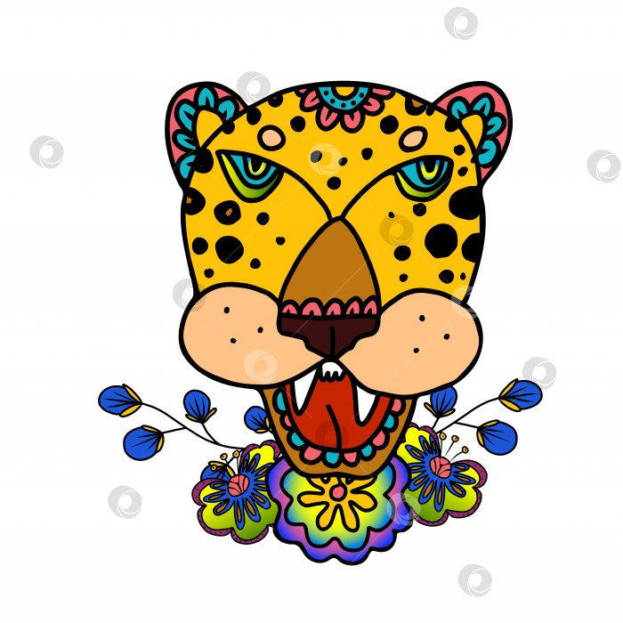 Скачать Голова ягуара украшена цветами. Векторная рисованная иллюстрация каракулей в мексиканском стиле. фотосток Ozero