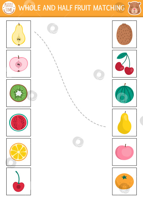 Скачать Векторная головоломка для смешивания половинок и целых ягод и фруктов. Развивающие занятия для детей дошкольного возраста. Обучающая игра для печати с грушей, яблоком, вишней, апельсином, арбузом, киви фотосток Ozero