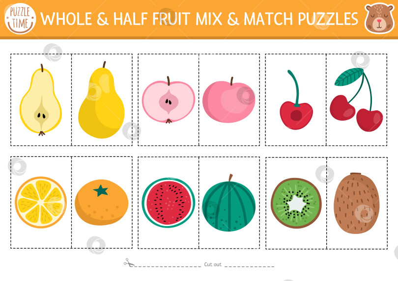 Скачать Векторная головоломка для смешивания половинок и целых ягод и фруктов. Развивающие занятия для детей дошкольного возраста. Обучающая игра для печати с грушей, яблоком, вишней, апельсином, арбузом, киви фотосток Ozero