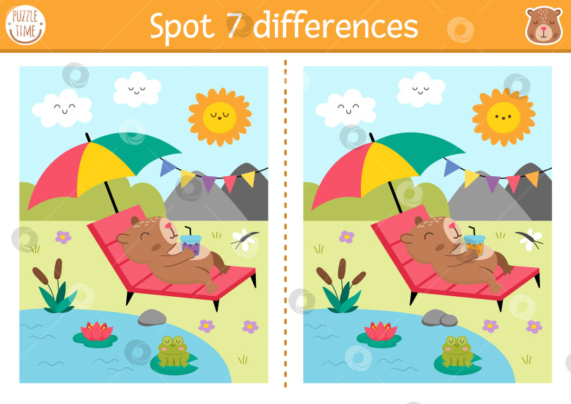 Скачать Игра "Найди отличия" для детей. Развивающее занятие "Капибара" с милым животным, загорающим в шезлонге у пруда. Головоломка для детей с капибарой. Рабочий лист для печати, страница для развития логики и внимания фотосток Ozero
