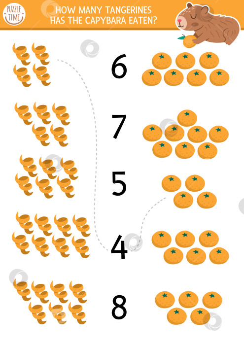 Скачать Подбери цифры в игре "Капибара" с мандаринами или апельсинами и их кожурой. Математическое упражнение "Капибара" для детей дошкольного возраста. Развивающий лист для счета с милыми животными и цитрусовыми фруктами фотосток Ozero