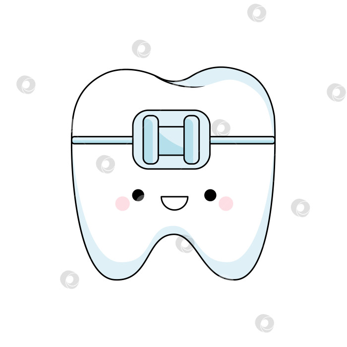 Скачать Кавайный зуб с брекетами. Милый улыбающийся детский персонаж. Концепция детской стоматологии и ортодонтического лечения фотосток Ozero