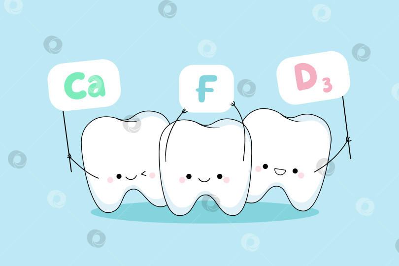 Скачать Милые зубки с кавайными эмоциями демонстрируют плакаты с витаминами для зубов. Концепция правильного питания и ухода за полостью рта фотосток Ozero
