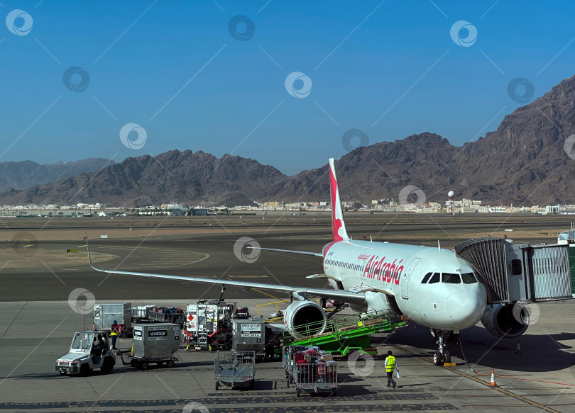 Скачать Самолет Air Arabia разгружается в аэропорту Медины, выгружаются чемоданы. Медина, Саудовская Аравия, 01 декабря 2024 г. фотосток Ozero