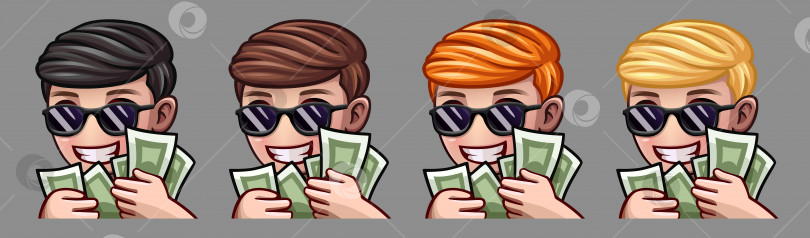 Скачать Значки эмоций счастливый мальчик в солнцезащитных очках и с деньгами для социальных сетей и стикеров фотосток Ozero